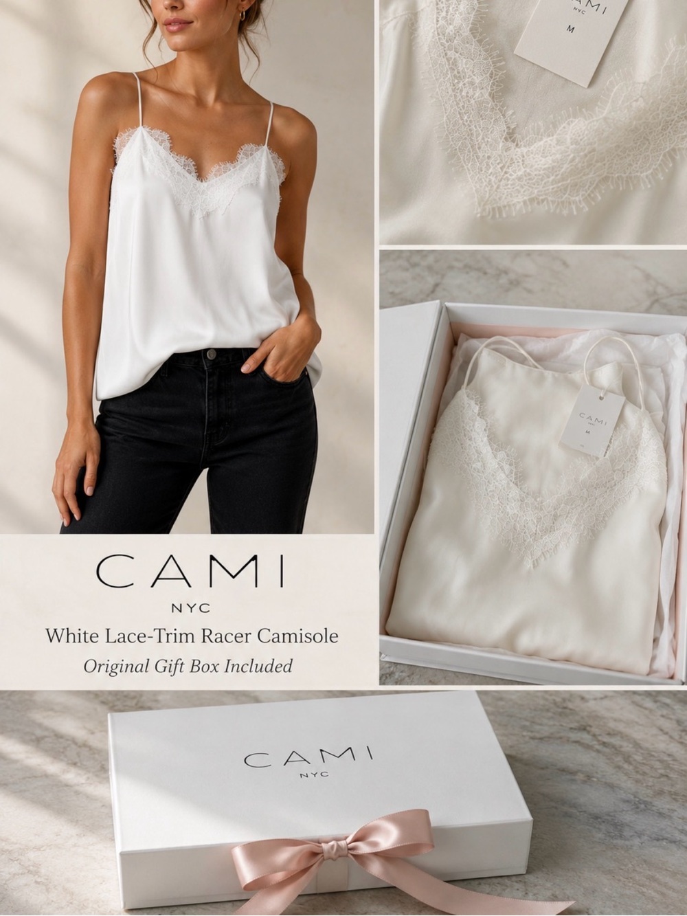 Cami NYC White Lace-Trim Racer Camisole, Original Gift Box, NWT, size M
